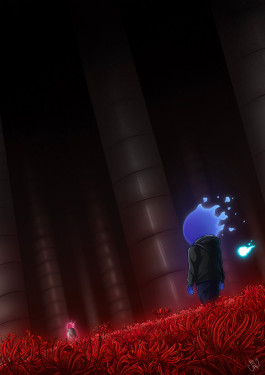 Illustration de deux petits personnages à tête de flamme, souterrain, champs de fleurs rouges lycoris