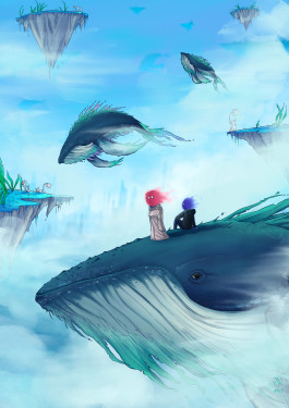 Illustration de deux petits personnages à tête de flamme, monde nuageux, iles volantes, baleines volantes