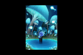 Illustration d'un personnage à tête de flamme, monde magique, champignons géants, lumières 