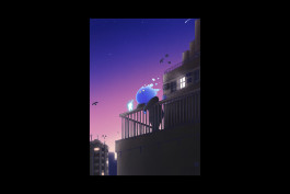 Illustration d'un personnage à tête de flamme, ville, coucher de soleil