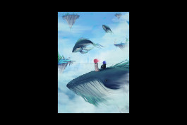Illustration de deux petits personnages à tête de flamme, monde nuageux, iles volantes, baleines volantes