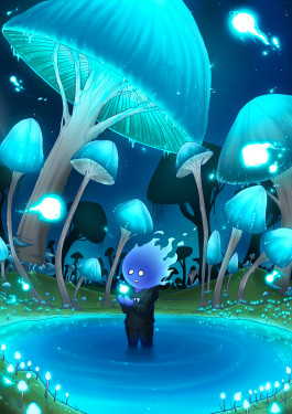 Illustration d'un personnage à tête de flamme, monde magique, champignons géants, lumières