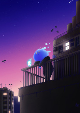 Illustration d'un personnage à tête de flamme, ville, coucher de soleil