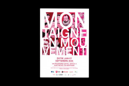 Affiche de Montaigne en mouvement, illustrations en teintes de rouge, design graphique 