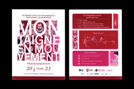 Dépliant de la programmation de Montaigne en mouvement, illustrations en teintes de rouge, design graphique