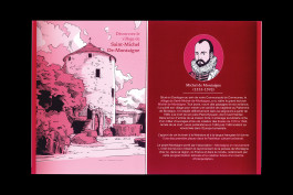 Dépliant semi-ouvert de la programmation de Montaigne en mouvement, illustrations en teintes de rouge, design graphique