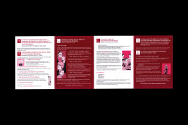 Dépliant ouvert de la programmation de Montaigne en mouvement, illustrations en teintes de rouge, design graphique