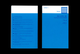 Édition de design graphique avec un rabat bleu qui recouvre le livre, sommaire au dos, typographie en surimpression 