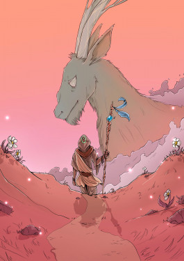 Affiche illustrée d'un personnage masqué marchant dans une plaine, une chèvre géante dessinée en fond, digital painting 