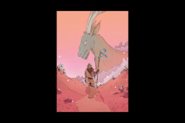 Affiche illustrée d'un personnage masqué marchant dans une plaine, une chèvre géante dessinée en fond, digital painting 