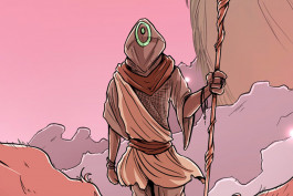 Zoom sur l'affiche illustrée d'un personnage masqué marchant dans une plaine, une chèvre géante dessinée en fond, digital painting 