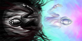 Illustration en miroir avec un personnage sombre et un personnage lumineux et coloré de l'autre coté, lune et soleil, dessin