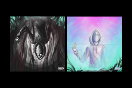 Illustration en miroir avec un personnage sombre et un personnage lumineux et coloré de l'autre coté, lune et soleil, dessin 