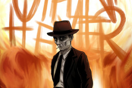 Zoom sur l'affiche illustrée du film Oppenheimer de Christopher Nolan 