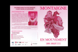 Dépliant de la programmation de Montaigne en mouvement, illustrations en teintes de rouge, design graphique