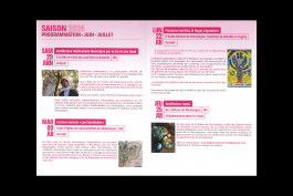 Dépliant de la programmation de Montaigne en mouvement, illustrations en teintes de rouge, design graphique