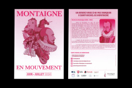 Dépliant de la programmation de Montaigne en mouvement, illustrations en teintes de rouge, design graphique