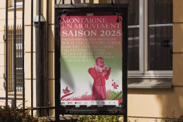 Affiche illustrée représentant Montaigne pour l’événement Montaigne en Mouvement 2025 à Saint-Michel-de-Montaigne, réalisée par Mathis Van Hecke, graphiste et illustrateur à Rennes.