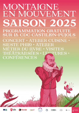 Affiche illustrée représentant Montaigne pour l’événement Montaigne en Mouvement 2025 à Saint-Michel-de-Montaigne, réalisée par Mathis Van Hecke, graphiste et illustrateur à Rennes.