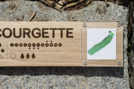 Signalétique participative créée pour le Potager des Cultures des Cols Verts au Blosne à Rennes, réalisée avec la Maison des Squares par le graphiste et illustrateur Mathis Van Hecke.