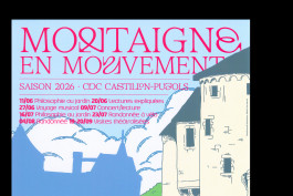 Affiche illustrée représentant Montaigne pour l’événement Montaigne en Mouvement 2026 à Saint-Michel-de-Montaigne, réalisée par Mathis Van Hecke, graphiste et illustrateur à Rennes.