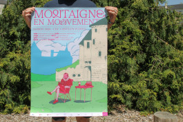 Affiche illustrée représentant Montaigne pour l’événement Montaigne en Mouvement 2026 à Saint-Michel-de-Montaigne, réalisée par Mathis Van Hecke, graphiste et illustrateur à Rennes.